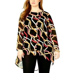 Alfani Women's Plus Size Black Comb Printed Overlay Tunic, Multi Ribbons, 0X/XL